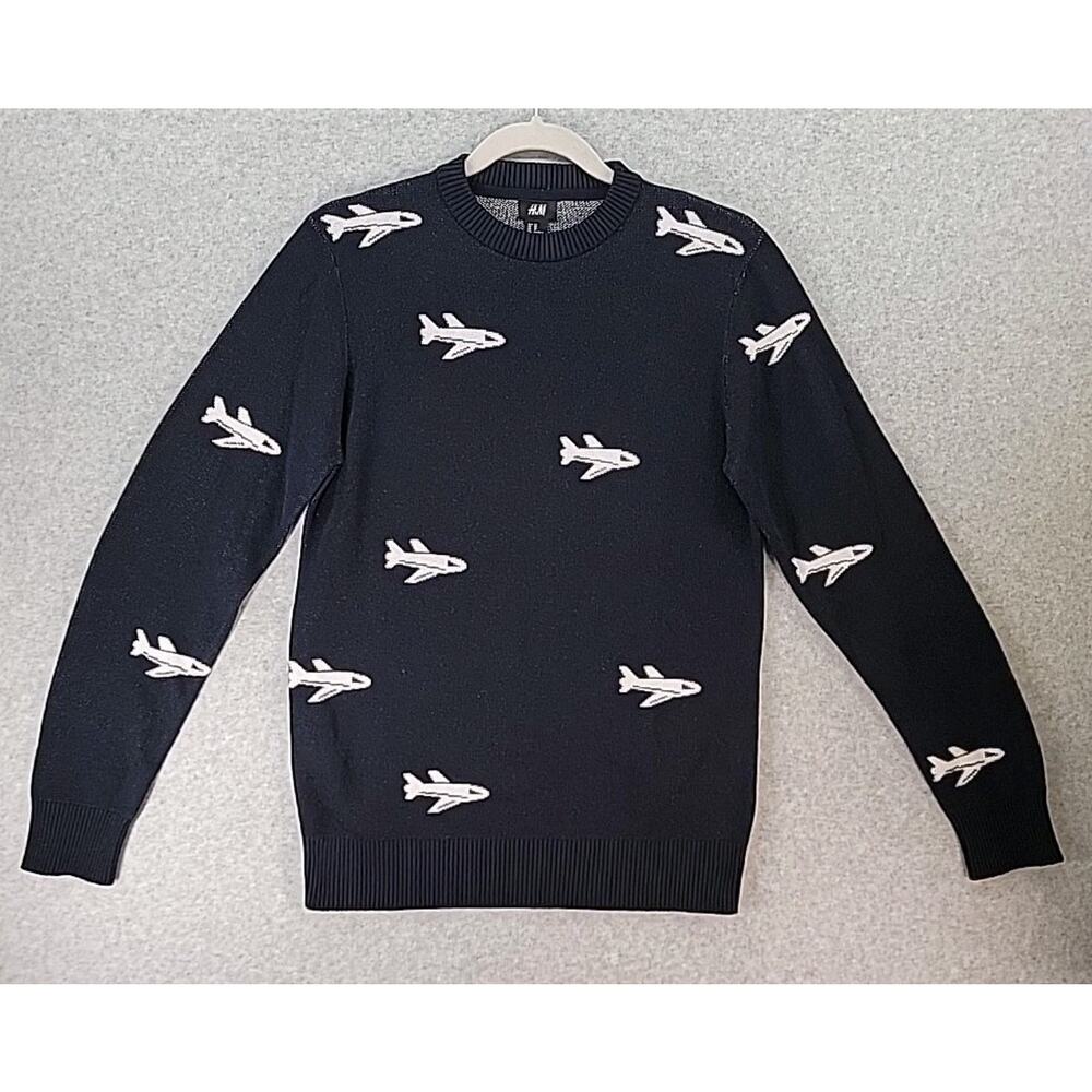 H&M Airplane Mens Size XS Pullover Crewneck Sweater Navy Blue White Travel HTF